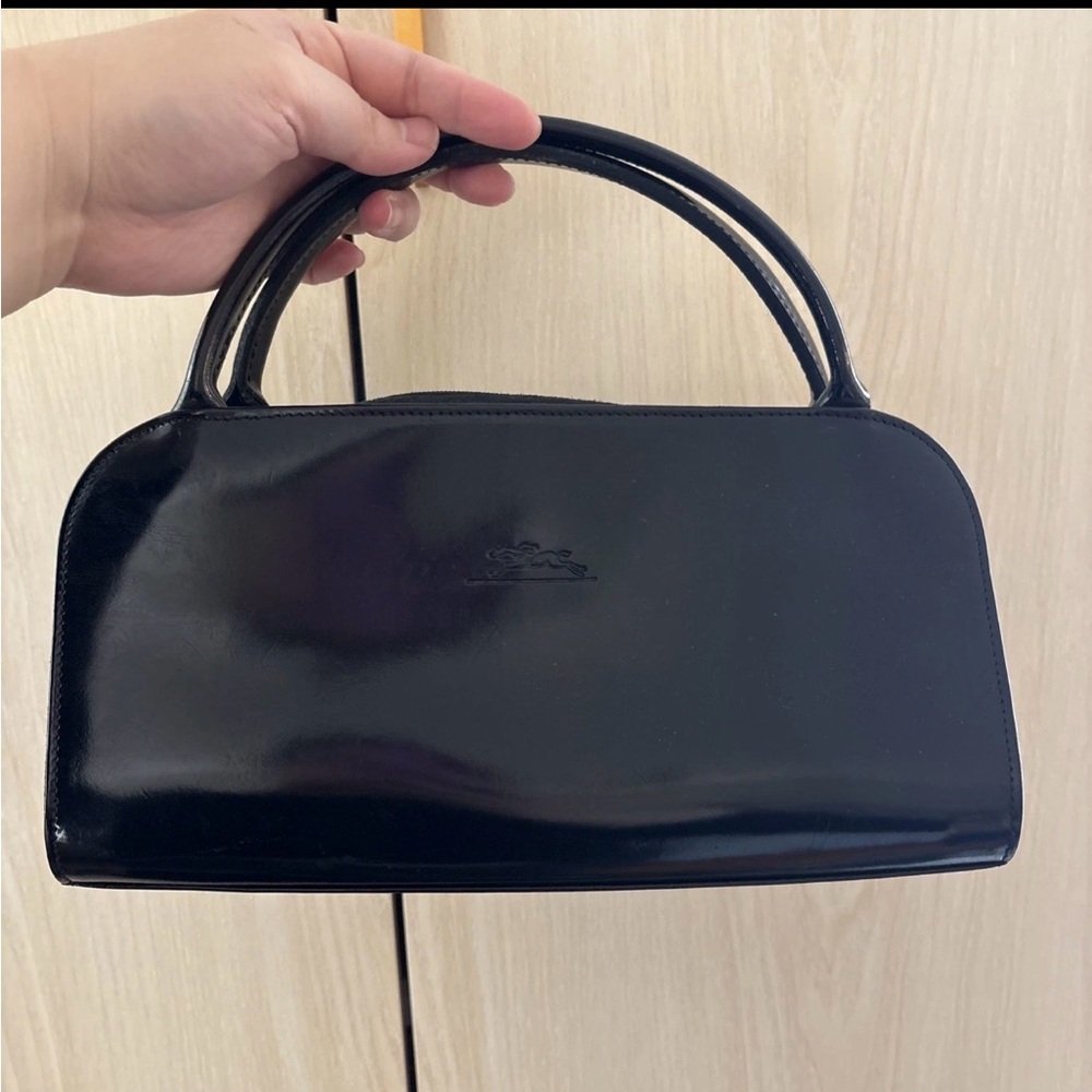 Longchamp Black Patent Top-Handle purse handbag